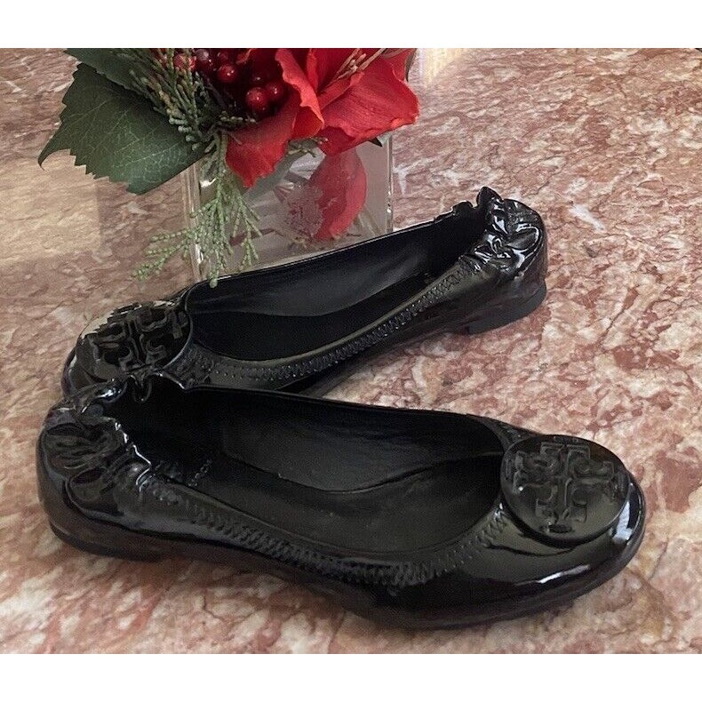 Tory Burch Minnie Black Patent Logo Travel Ballerina Flats Size 6.5m Euc, $228